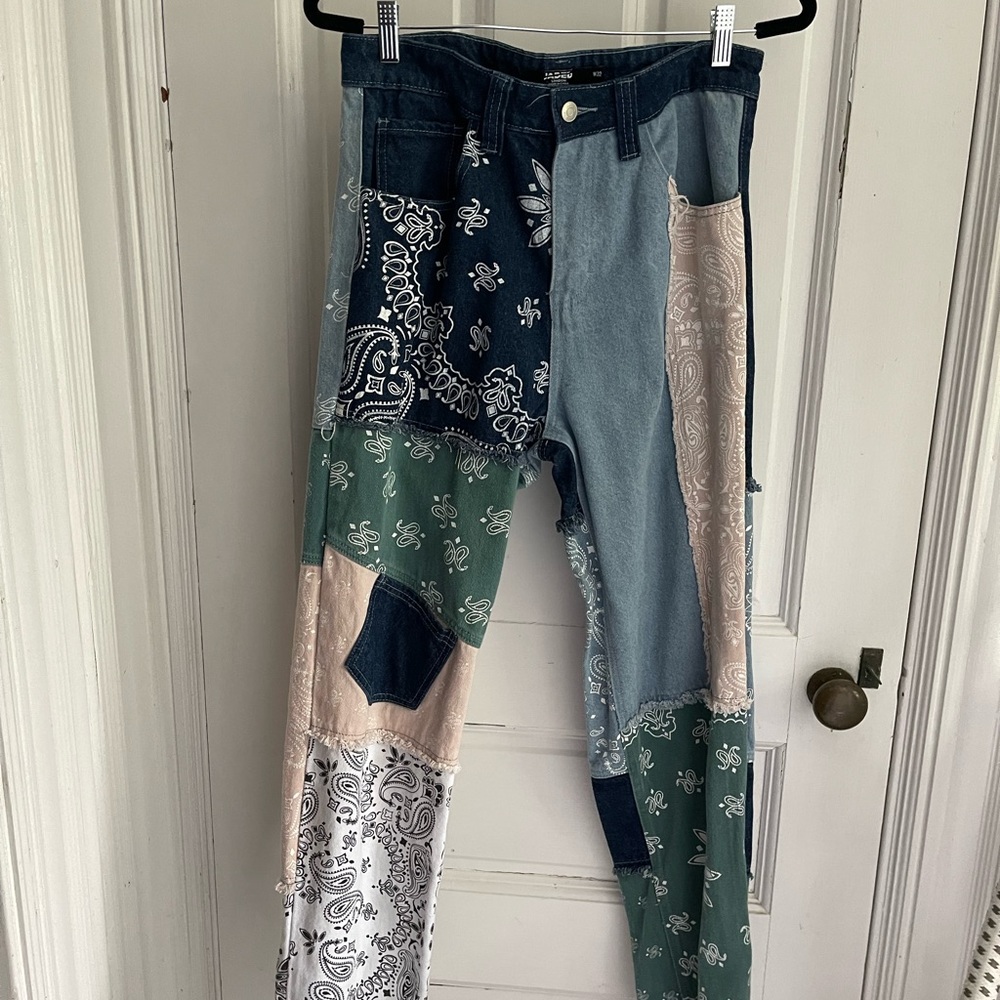 Jaded London Patchwork Bandana Print Jeans in Blue, Green, Beige, White